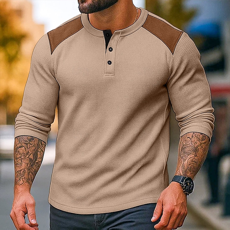 Men's Waffle Henley Shirt Tee Top Long Sleeve Henley Spring &  Fall All Seasons Color Block Fashion Designer Basic Color Block Vacation Street Casual Black White Red Top Tee for Men