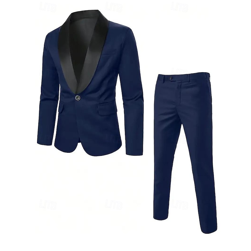 Men's Wedding Casual Party Suits Shawl Lapel Dark Blue Formal Solid Colored Slim Fit 3 Piece Single Breasted One-button3