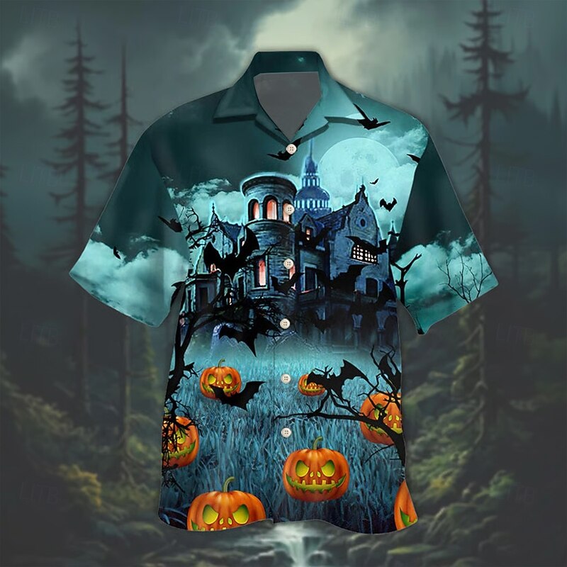 Halloween Men's Pumpkin Haunted House Halloween Costumes Shirt Cuban Collar Shirt Button Up Shirt Short Sleeve Dark Punk Gothic Style Holiday Streetwear Summer Camp Collar Shirt 3D Print Blue Green2