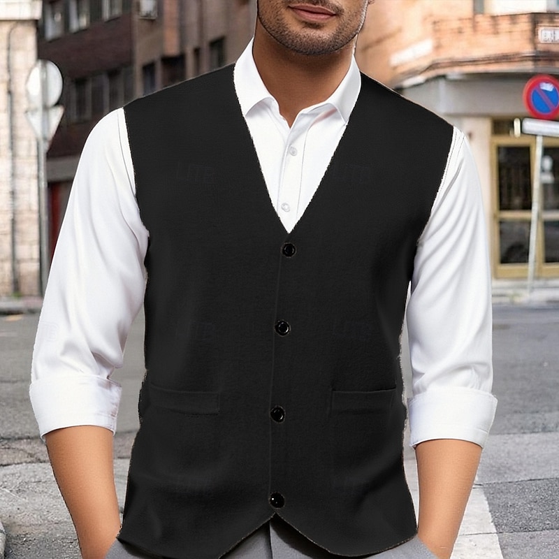 Men's Sweater Vest Dress Sweater Vest Knitwear Cardigan Vest Ribbed Knit Regular Tops Pocket Buttons Plain V Neck Fashion Classic Vacation Daily Wear Clothing Apparel Fall Winter Black Red S M L2