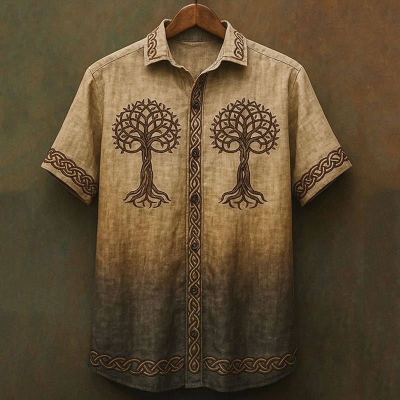 Men's Dragon Tree Of Life Shirt Summer Shirt Casual Shirt Short Sleeves Hawaiian Casual Resort Vacation Daily Wear Going out Summer Lapel Print Black Brown Khaki