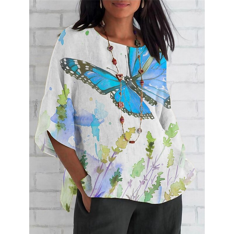Women's Shirt Butterfly Daily Casual 3/4 Length Sleeve Crew Neck Regular Tops Daily Holiday Print Yellow Blue Purple Fuchsia Orange Summer Spring Fall2