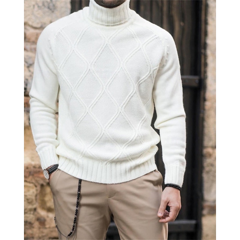 Men's Pullover Sweater Jumper Knit Sweater Ribbed Knit Regular Tops Knitted Plain Turtleneck Fashion Basic Vacation Daily Wear Clothing Apparel Fall Winter White Gray M L XL
