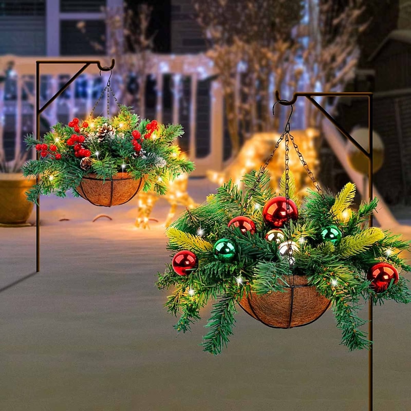 Christmas Artificial Outdoor Flowers with Hanging Basket, Hanging Planters Flowers for Xmas Winter Front Porch Garden Patio Home Decor