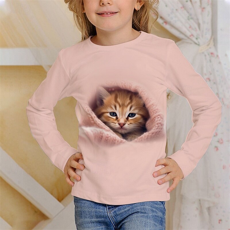 Girls' 3D Animal Cat T shirt Tee Long Sleeve Spring Fall Fashion Basic Kids 4-12 Years Crew Neck Outdoor Casual Daily Regular Fit2