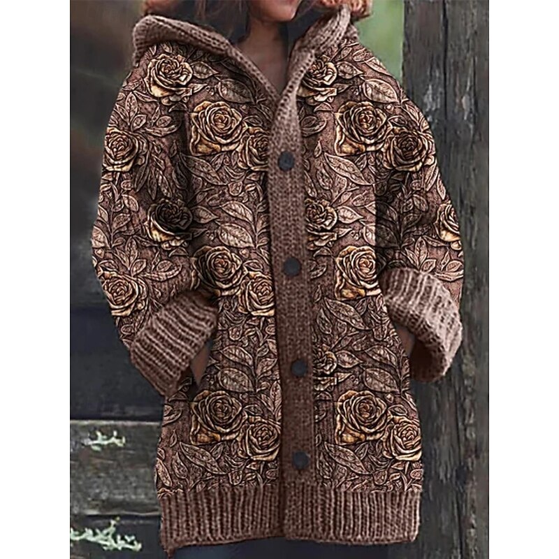 Women's Cardigan Vacation Vintage Daily Floral Ribbed Hooded Knitted Print Front Pocket Long Sleeve Regular Tops Knit Outdoor Daily Holiday Blue Brown Fall Winter