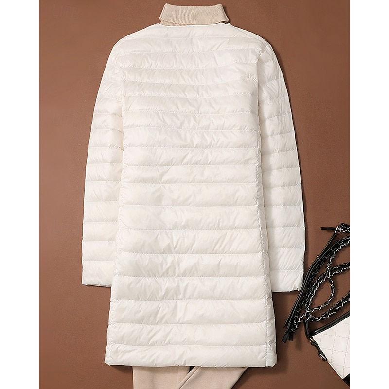 Women's Down Jacket Coat Warm Comfortable Buttons Casual Plain Outdoor Vacation Street Single Breasted Long Crewneck Regular Fit Long Sleeve Outerwear Black White Pink Fall Winter2