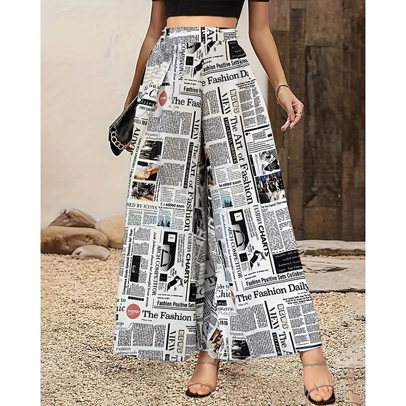 Women's Wide Leg Slacks Streetwear Casual Full Length Natural Flower Elastic Waist Printing Comfy Outdoor Vacation Going out Black White Fall Regular Fit