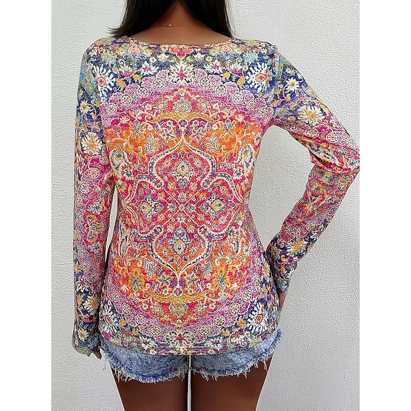 Women's T Shirt Graphic Geometric Vintage Stylish Classic Long Sleeve Notched Neck Regular Tops Daily Weekend Print Pink Red Spring Fall3