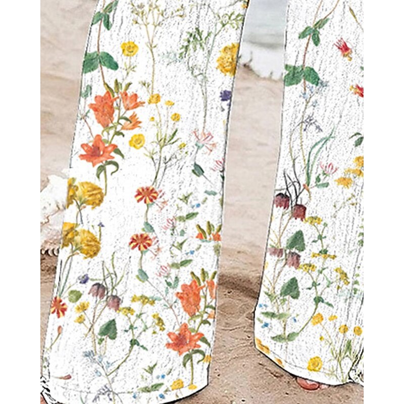 Women's Wide Leg Pants Trousers Palazzo Pants Fashion Boho Full Length High Waist Flower Drawstring Elastic Waist Print Breathability Comfortable Street Daily Wear Going out White Spring Fall Regular3