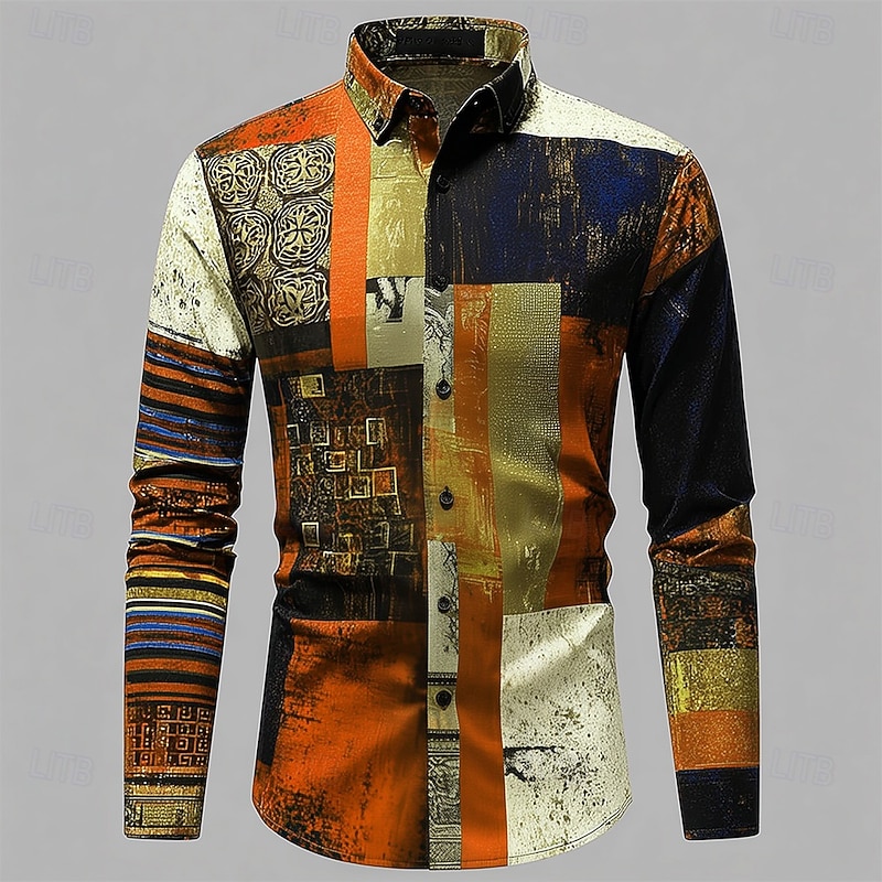 Men's Color Block Patchwork Shirt Button Up Shirt Long Sleeve Vintage Retro Outdoor Daily Streetwear Spring Fall Turndown 3D Print Front One Pocket Linen Like Shirt Red Blue Purple Orange Green4