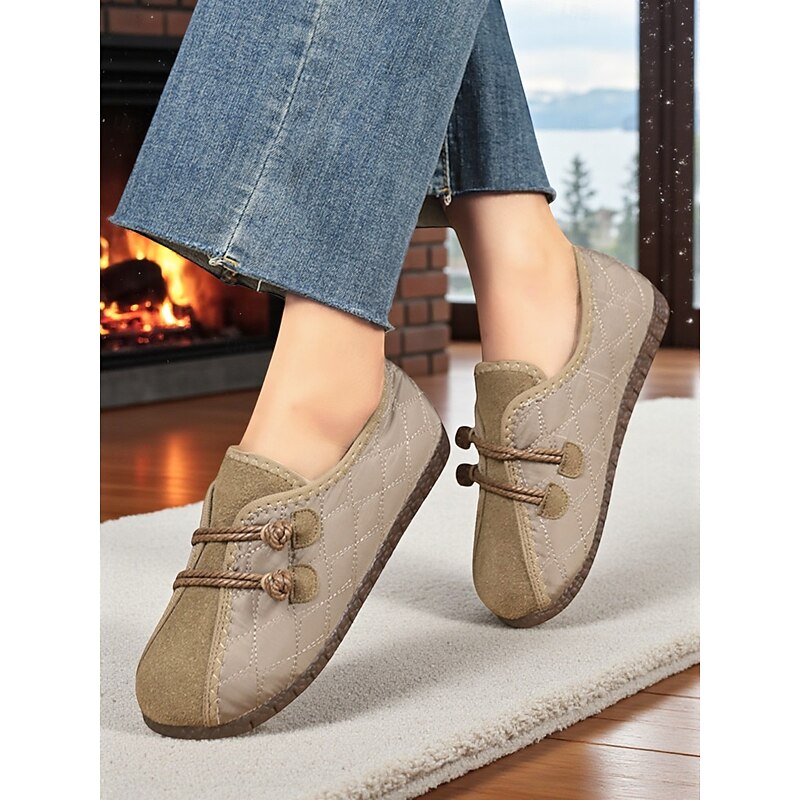 Women's Quilted Wide Fit Slip-On Loafers with Faux Suede Trim, Non-Slip Barefoot Shoes and Cozy Indoor Comfort for Home Wear and Casual Outfits2