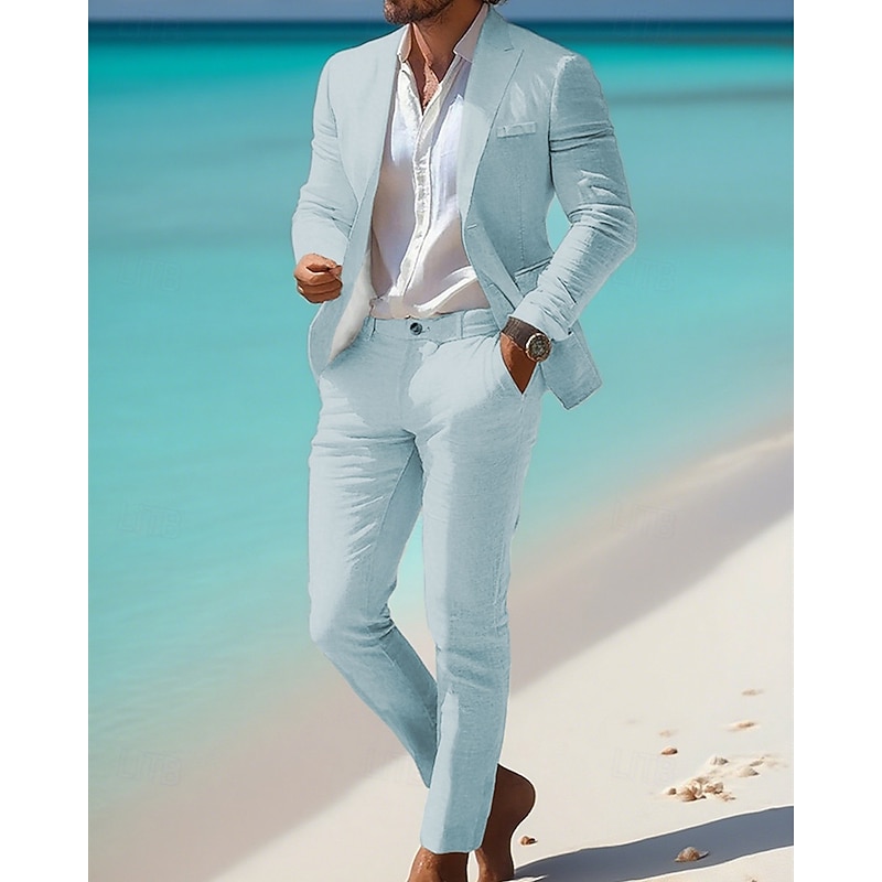 Men's Linen Blazer Set Business Cocktail Party Wedding Party Fashion Casual Spring Fall 30% Linen 60% Polyester Plain Pocket 2 Piece Comfortable Single Breasted Blazer White khaki Light Blue