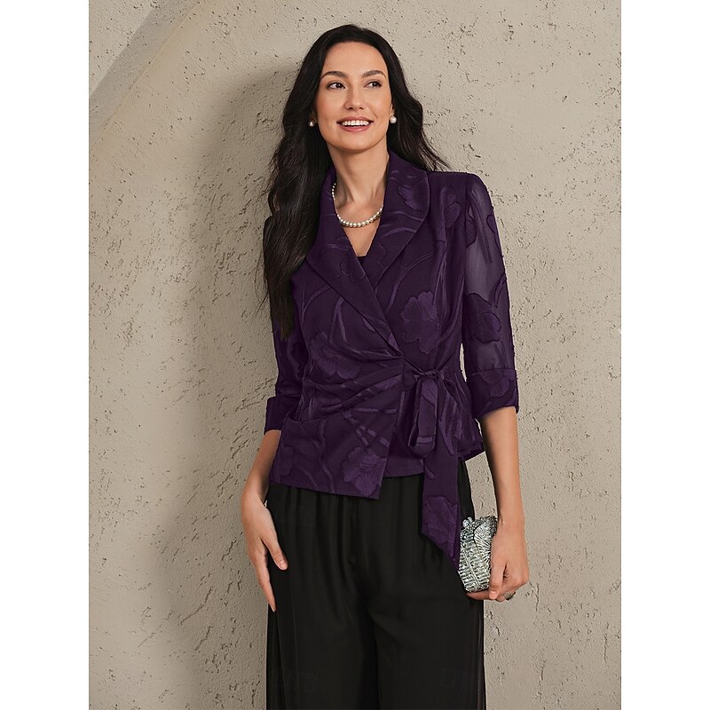 Women's Blazer Lightweight Lace Tie Knot Dressy Tunic Asymmetric Elegant Stylish Floral Wedding Guest Work Daily Open Front Regular V Neck Regular Fit 3/4 Length Sleeve Outerwear Eggplant Summer3
