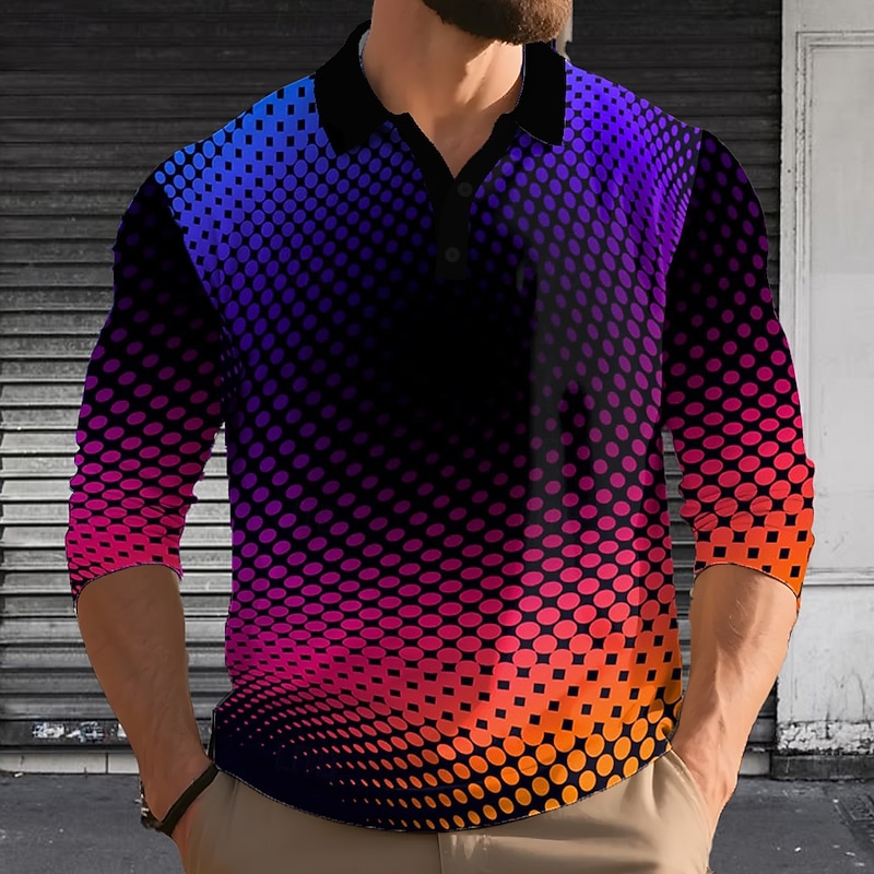 Men's Geometric Abstract Polo Long Sleeve Polo Shirts Lapel Casual Outdoor Street Athleisure Daily Wear 3D Print Buttons Spring Fall Winter Red Green