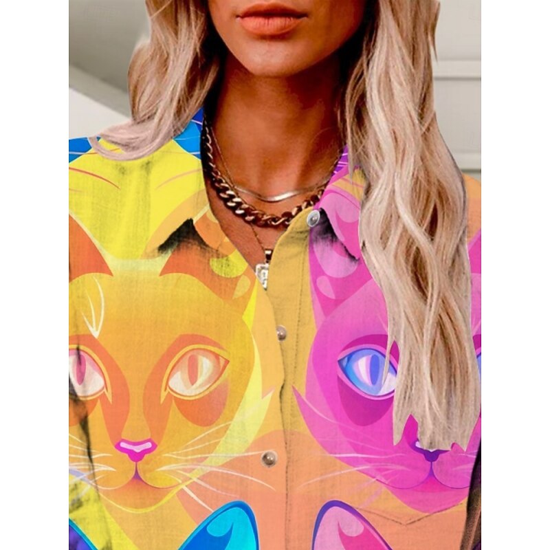 Women's Shirt Cat Active Daily Stylish Long Sleeve Shirt Collar Regular Tops Daily Holiday Buttons Print Rainbow Summer Spring Fall3