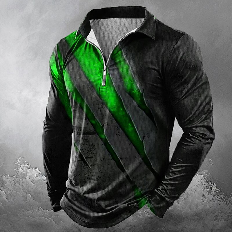 Halloween Men's Graphic Gothic Horror Zip Polo Shirts Long Sleeve Polo Shirts Lapel Casual Horror Dark Outdoor Festival Outfit 3D Print Spring Fall Winter Lake blue Red Blue3