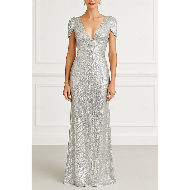 Gold Black Column Evening Gown Elegant Dress Formal Wedding Floor Length Short Sleeve V Neck Champagne Mother Of the Bride Dress Stretch Satin with Glitter Pleats 20254