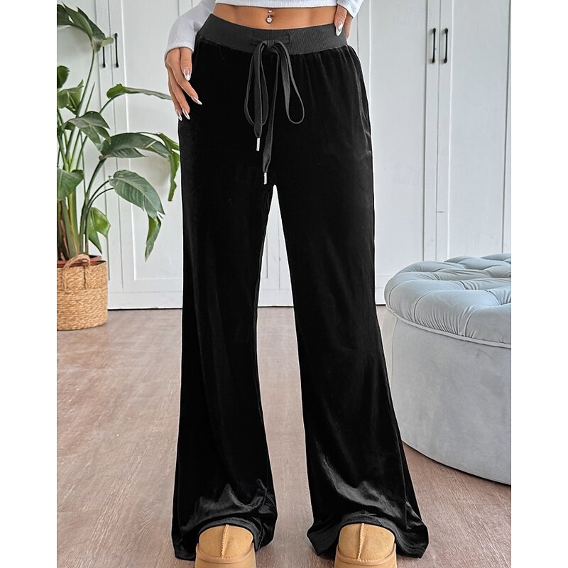 Women's Wide Leg Slacks Streetwear Casual Full Length Natural Plain Elastic Drawstring Design Comfortable Street Holiday Daily Wear Black Fall Regular Fit