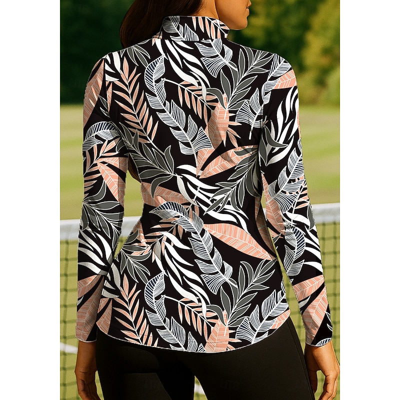 Women's Geometric Golf Polo Shirt Tennis Shirt Long Sleeve Print Quarter Zip Pullover UV Protection Elastic Breathable Tennis Golf Pickleball Zip Collar Shirt Polo Black / Orange Tennis Clothing2