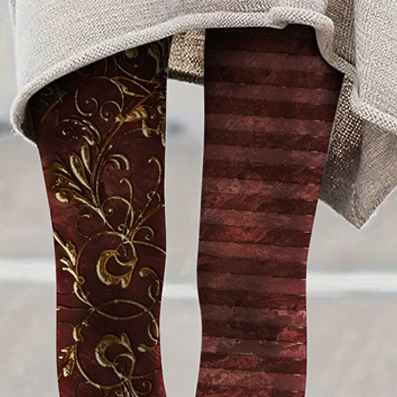 Women's Pants Trousers Leggings Cozy Leggings Streetwear Casual Full Length High Waist Floral Striped Elastic Waist Print Breathability Comfortable Stretchy Vacation Street Daily Wear Dark Red Summer2