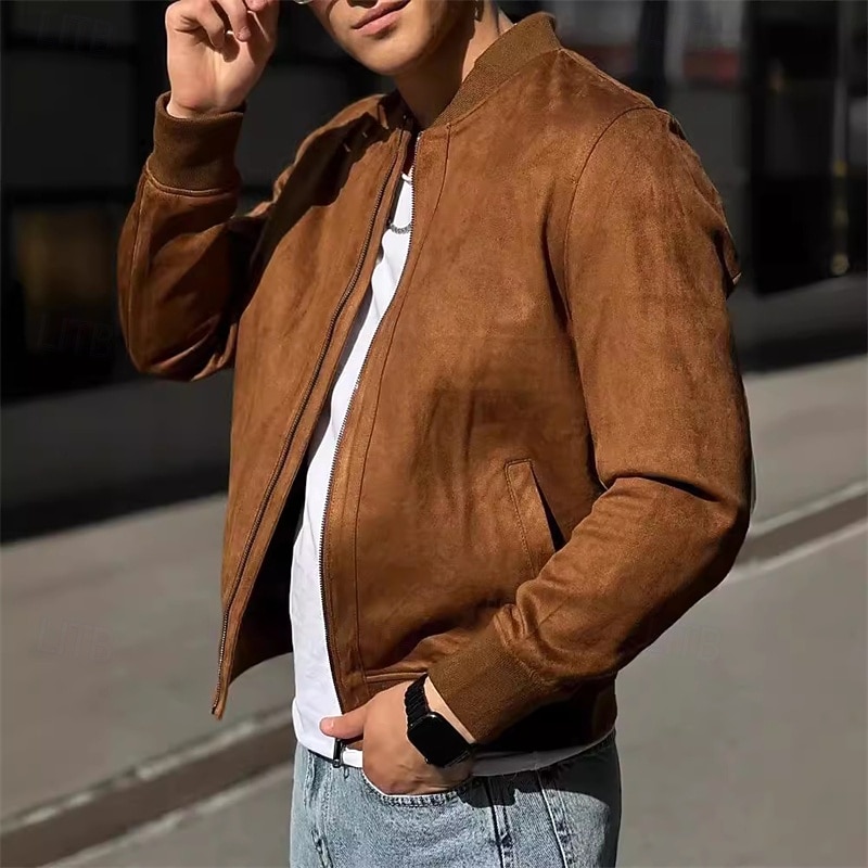 Men's Faux Suede Jacket Casual Jacket Vacation Daily Warm Pocket Fall Winter Plain Fashion Classic Stand Collar Regular Brown Green Jacket