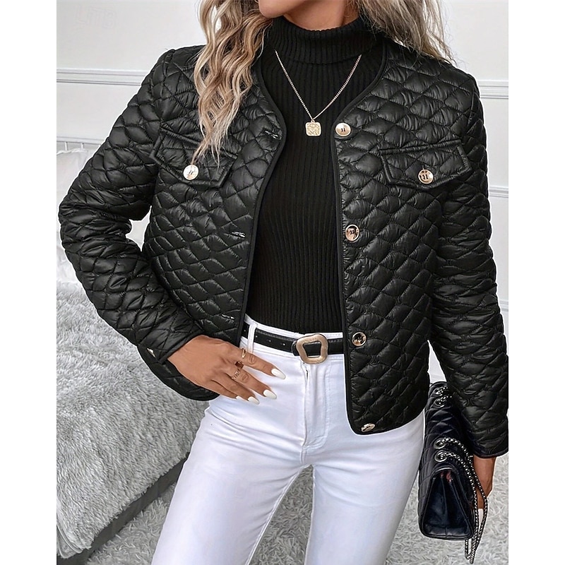 Women's Winter Jacket Coat Warm Comfortable Buttons Fashion Modern Casual Plain Going out Weekend Single Breasted Regular V Neck Regular Fit Long Sleeve Outerwear Black Winter - Main Image