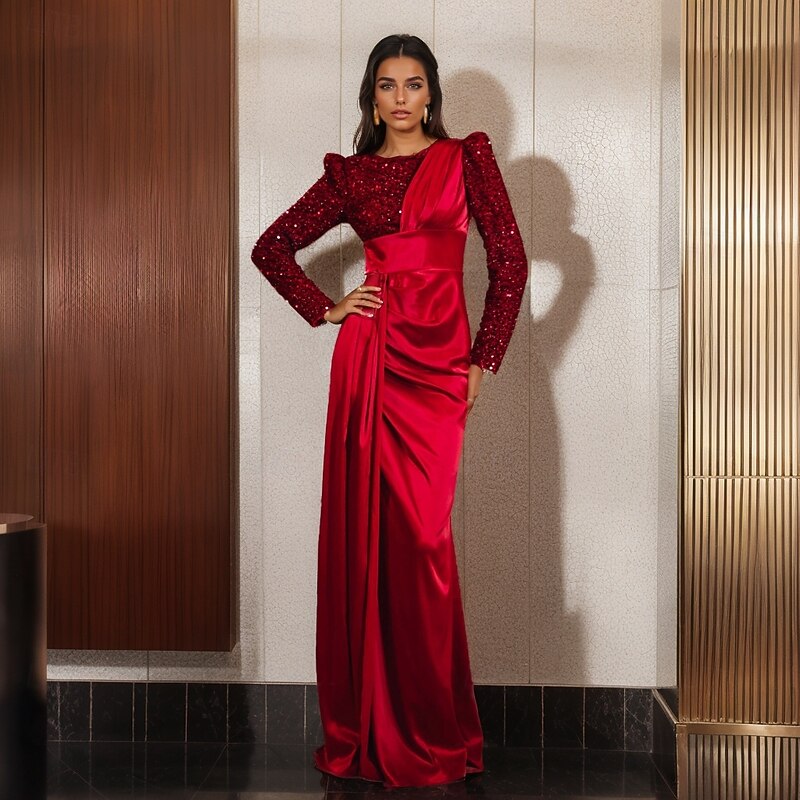 Red Sequin Velvet Mermaid / Trumpet Evening Gown Stretch Sequin Velvet Elegant Dress Formal Wedding Floor Length Long Sleeve Crew Neck Stretch Satin with Pleats 2025