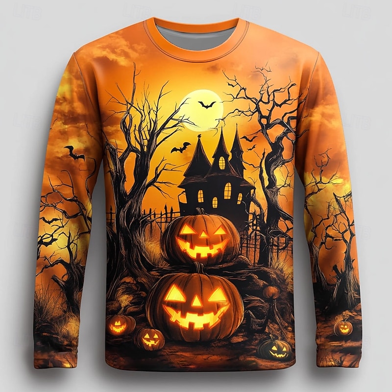 Halloween Men's Pumpkin T Shirt Long Sleeve T shirt 3D Print Crew Neck Shirt Fashion Exaggerated Street Casual Daily Blue Purple Orange Summer Spring Fall Clothing Apparel S M L XL XXL XXXL