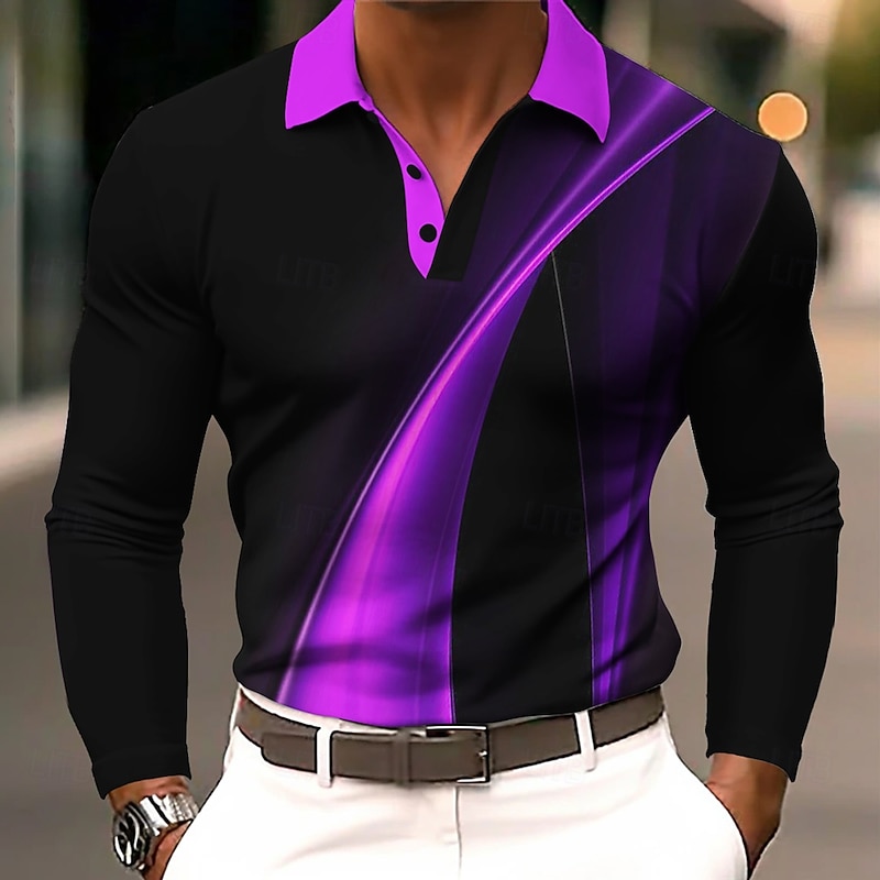 Men's Geometic Line Polo Long Sleeve Polo Shirts Lapel Business Casual Athleisure Daily Wear 3D Print Buttons Spring Fall Winter Black Blue Purple3