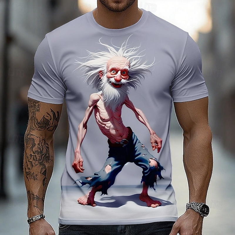 Men's Cartoon 3D T Shirt Short Sleeve T shirt 3D Print Crew Neck Shirt Exaggerated Designer Party Daily Holiday Khaki Light Grey Gray Summer Spring All Seasons Clothing Apparel S M L XL XXL XXXL2