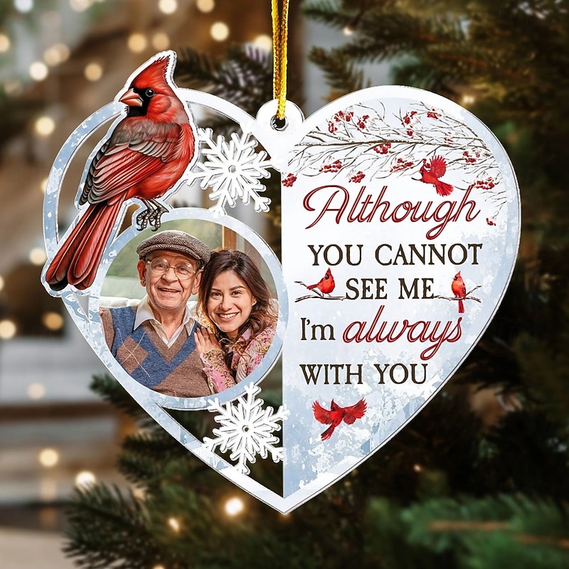 Personalized Christmas Photo Ornaments Custom Memorial Heart Shaped Northern Cardinal Acrylic 2D Decor Christmas Tree Xmas Decoration Hanging Pendant Gifts4