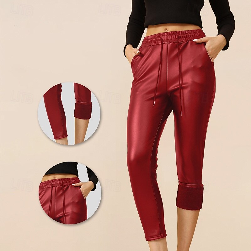 Women's Tights Leather Pants Faux Leather Leggings with Pockets Warm High Waist Gym Athletic Pilates Bottoms Solid Color Red Winter Sports Activewear