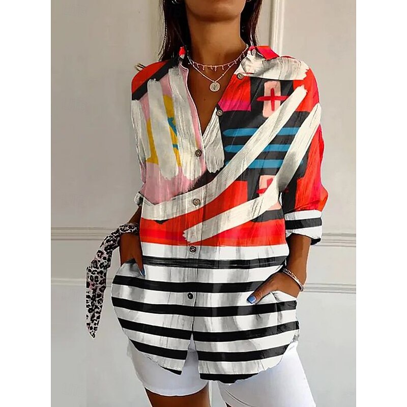 Women's Shirt Graphic Geometric Abstract Vintage Daily Casual Long Sleeve Shirt Collar Regular Tops Daily Holiday Print Black Pink Red Blue Summer Spring4