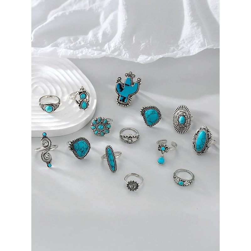 Women's Turquoise Ring Set - Multi-Piece Set of Vintage Bohemian Alloy Jewelry for Women's Holidays, Beach Vacations and Everyday Wear2