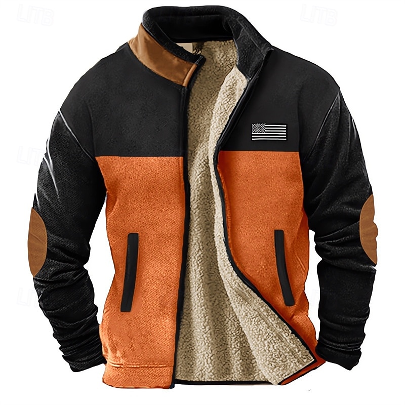 Men's Winter Jacket Fleece Jacket Casual Jacket Vacation Daily Thermal Warm Pocket Fleece Winter Color Block National Flag Fashion Streetwear Standing Collar Regular Orange Brown Green Army Green