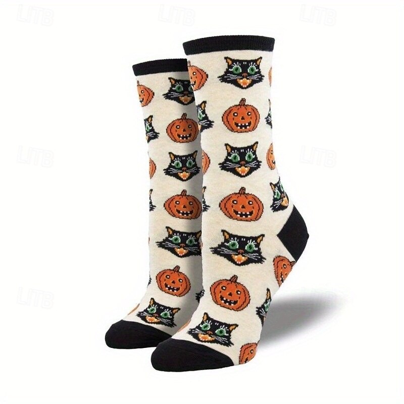 1 Pair Halloween Creative Funny Jacquard Socks, Pumpkin, Ghost, and Witch Design, Unisex Couple Athletic Socks for Outdoor Sports3