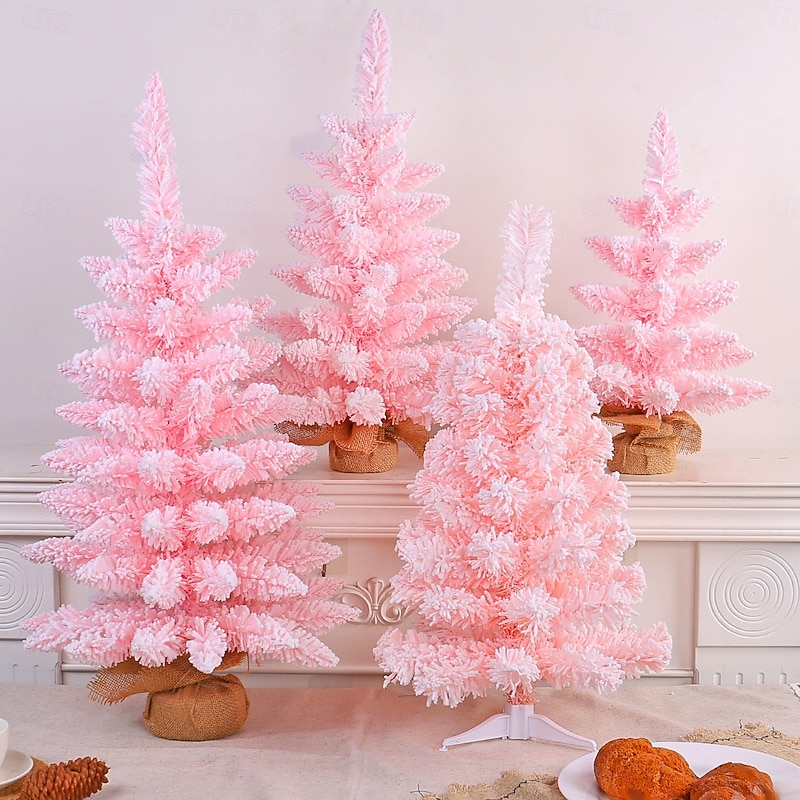 Christmas Mini Tree Tabletop Desktop Artificial Christmas Tree Xmas Decor Pink Flocked Snow Creative Design for Holiday Mall Window Display Festive Home Party Decoration Accessory