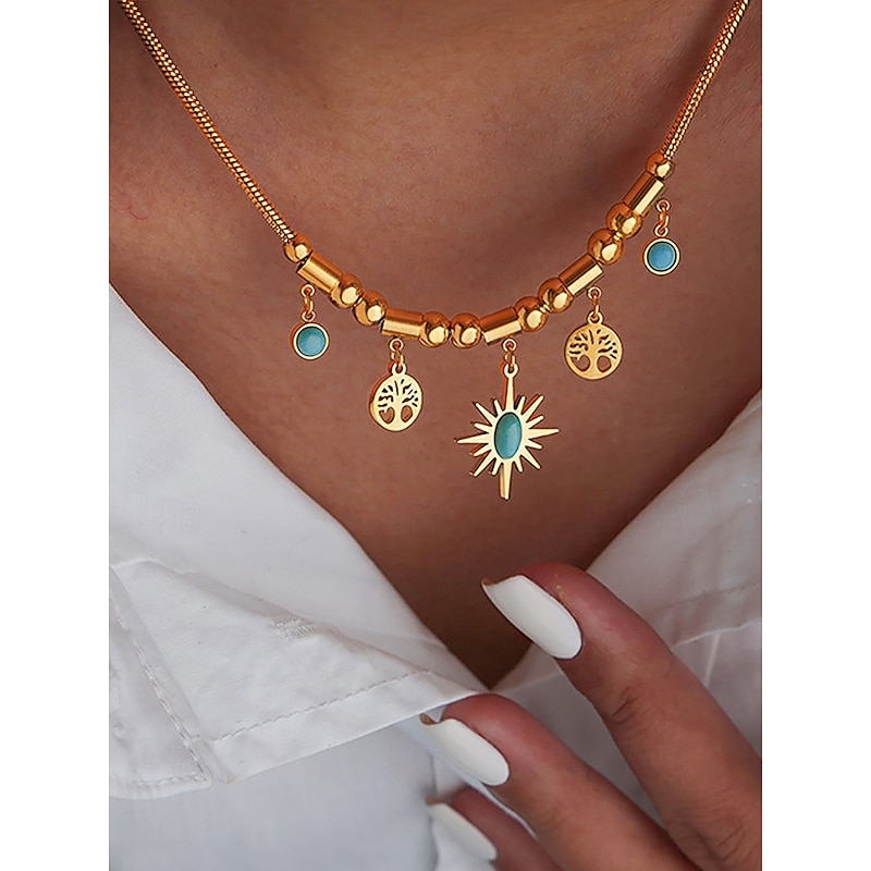Women's Gold Alloy Necklace and Bracelet Set with Turquoise Sun and Tree Charms – Boho Chic Jewelry for Parties, Holidays and Casual Wear