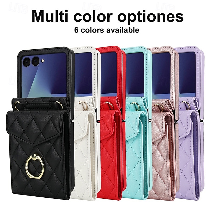 Phone Case For Samsung Galaxy Z Flip 7 Z Flip 6 Z Flip 5 Z Flip 4 Back Cover with Wrist Strap Card Slot Ring Buckle Retro TPU PU Leather