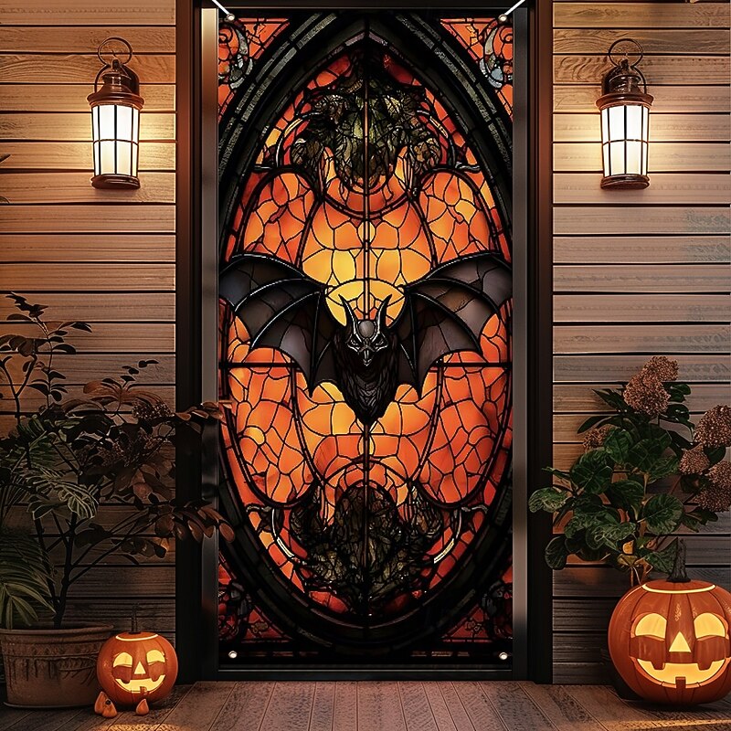 Halloween Door Cover Outdoor Banners Pumpkin Bat 3D Psychedelic Dark Punk Gothic Style Party Outdoor Shooting Backgrounds Front Door Wall Porch Home Decor