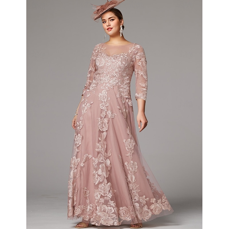 A-Line Dress Mother of the Bride Dress Beach Wedding Elegant Jewel Neck Floor Length Lace 3/4 Length Sleeve with Lace Pleats Appliques3