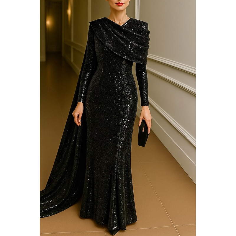 Black Red Sequined Sheath / Column Evening Gown Elegant Dress Formal Wedding Floor Length Long Sleeve High Neck Capes with Glitter 2025
