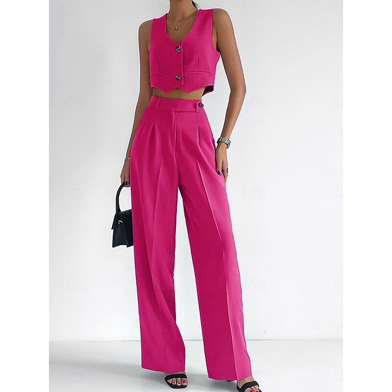 Women's Fashion Streetwear Pants Sets Sleeveless V Neck Solid Color Ruched Casual Daily Fuchsia Green Khaki Summer Regular Fit3