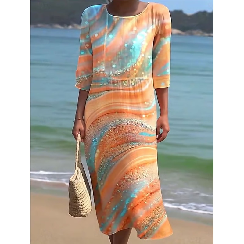Women's Maxi Dress Kaftan 3/4 Length Sleeve Crew Neck Casual Dress A Line Dress Boho Regular Fit Graphic Geometric Abstract White Yellow Blue Orange Spring Fall2