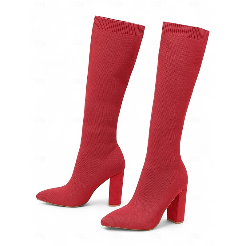 Women's Red Knee-High Sock Boots - Stretch Knit Pointed Toe Chunky Heel Long Boots for Fashionable Fall Winter Outfits, Parties and Streetwear Looks4