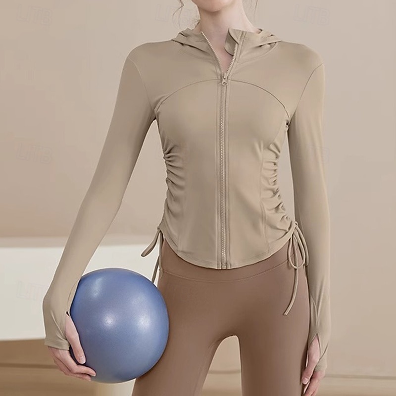 Women's Workout Jacket Stretchy Drawstring Long Sleeve Sports Solid Color Top For Gym Zumba Running Slim Activewear