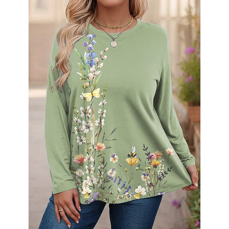 Women's Plus Size Tops T Shirt Floral Graphic Print Long Sleeve Crew Neck Casual Daily Polyester Fall Winter Pink Blue3