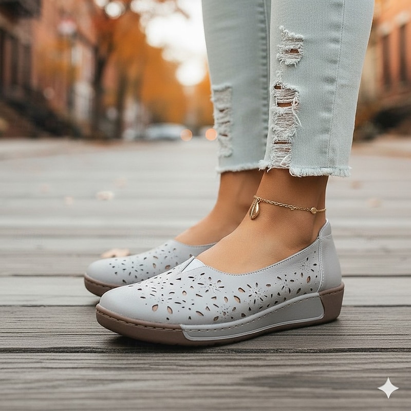 Women's Gray Flower - Perforated Casual Flats, Comfortable Arch - Support Slip - Ons for All - Day Walking & Outings2