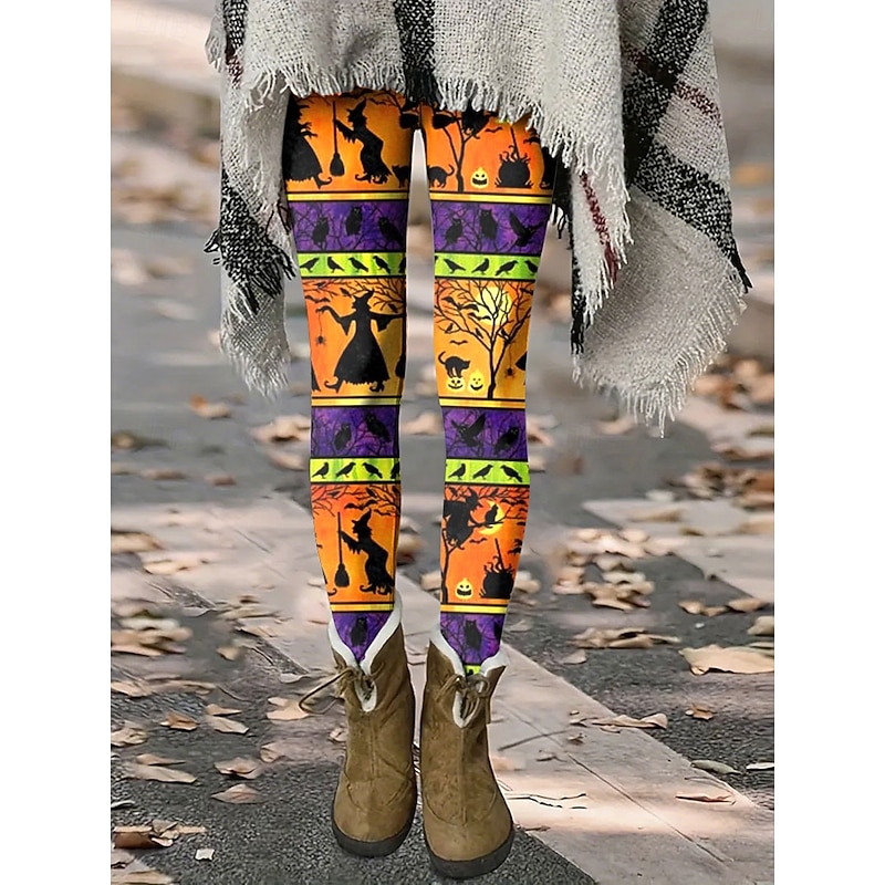 Women's Leggings Vacation Vintage Fashion Full Length High WaistPantsHalloween Graphic Animal Cat Printing Thermal Warm Soft Breathable Stretchy Formal Outdoor Vacation Black Orange Green Rainbow3